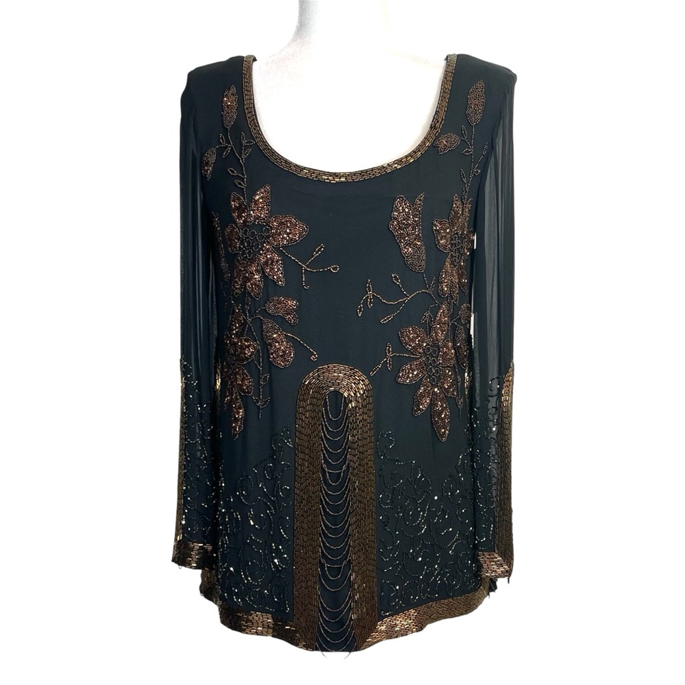 Vintage Black Tie Oleg Cassini Silk Beaded Top - NWT